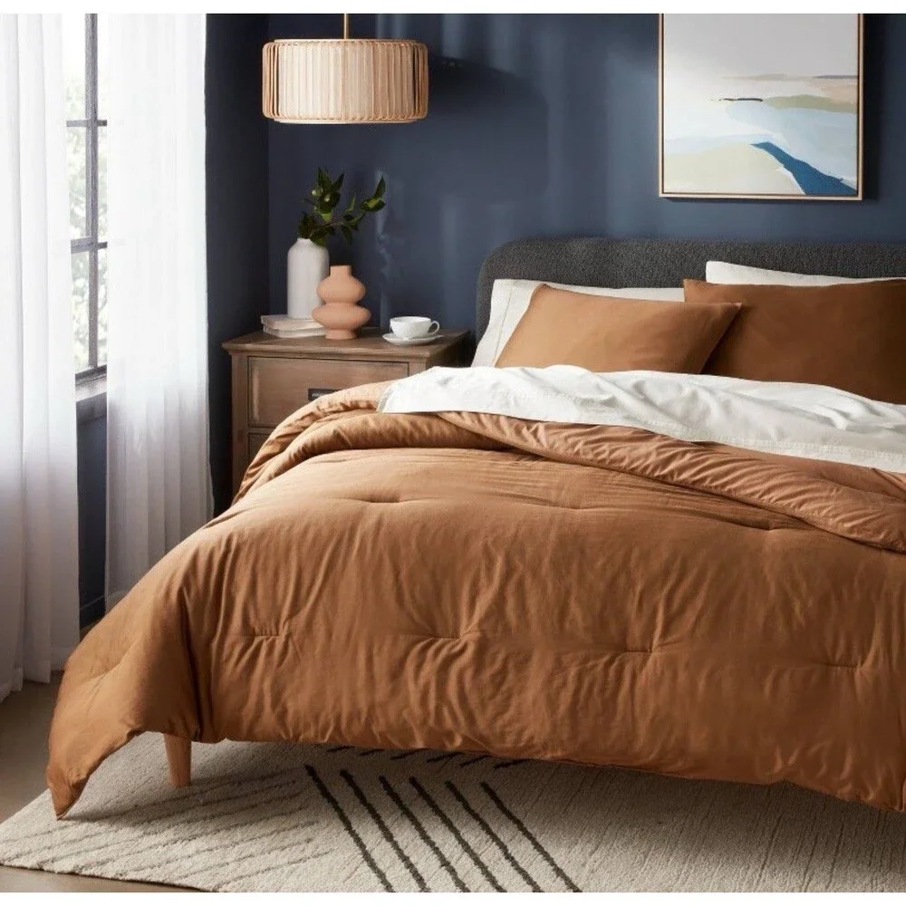 Twin/Twin Extra Long Washed Cotton Sateen Comforter and Sham Set Light Brown NEW